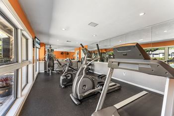 A gym with treadmills and exercise bikes.